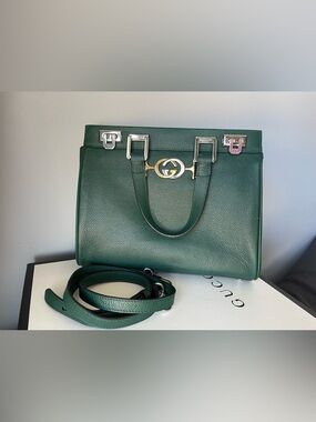 Gucci Green Pebbled Leather Top-Handle Satchel with Gold Interlocking G